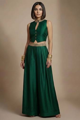 Emerald green embroidered raw silk co ord set