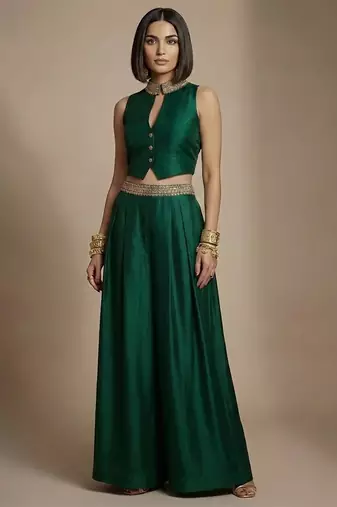 Emerald green embroidered raw silk co ord set