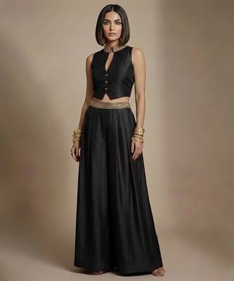Black embroidered raw silk co ord set 1