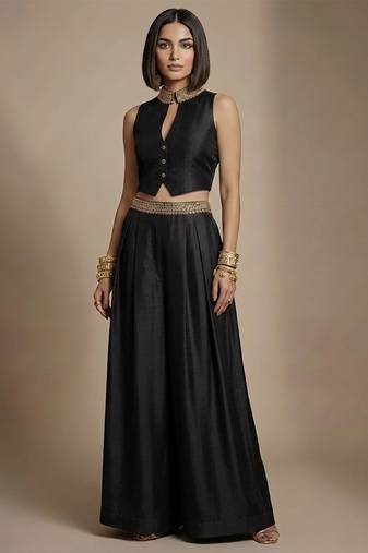 Black embroidered raw silk co ord set