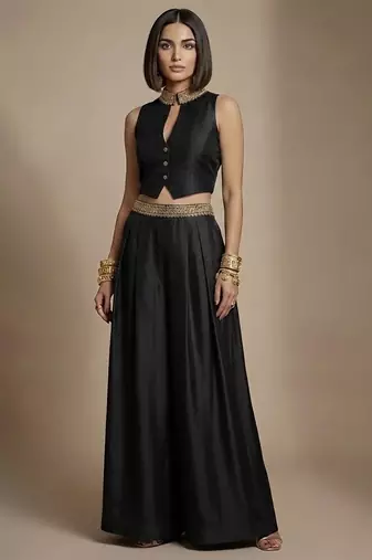 Black embroidered raw silk co ord set