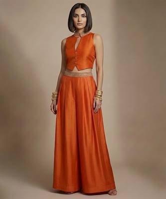 Orange embroidered raw silk co ord set 1