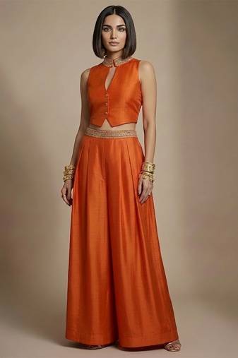 Orange embroidered raw silk co ord set