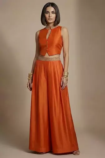 Orange embroidered raw silk co ord set