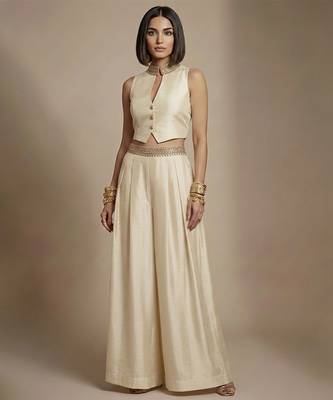Ivory embroidered raw silk co ord set 1