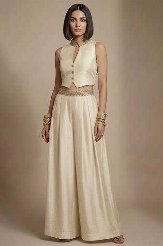 Ivory embroidered raw silk co ord set