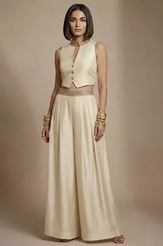 Ivory embroidered raw silk co ord set