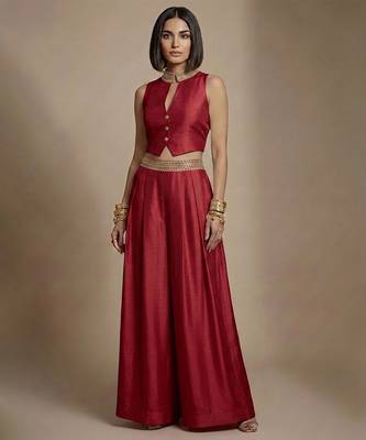 Red embroidered raw silk co ord set 1