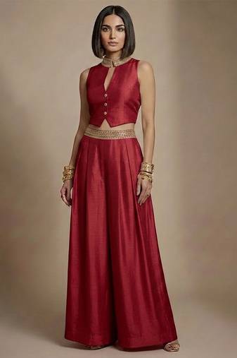 Red embroidered raw silk co ord set