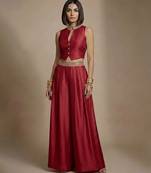Red embroidered raw silk co ord set