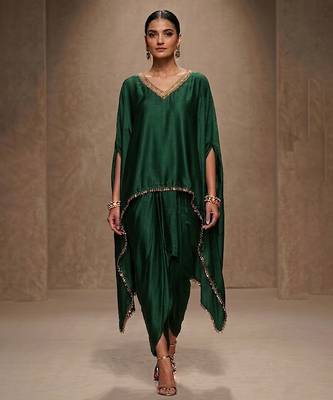 Green embroidered modal satin kaftan 1