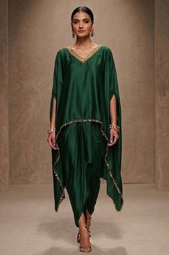 Green embroidered modal satin kaftan