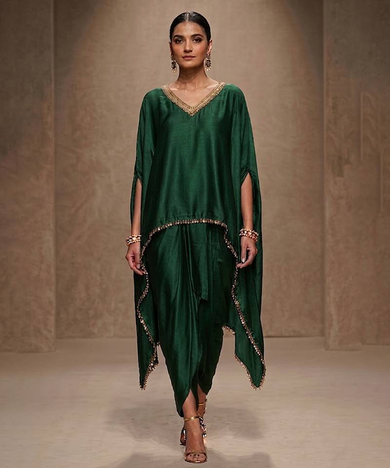 Green embroidered modal satin kaftan