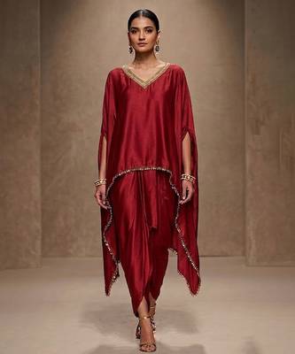 Red embroidered modal satin kaftan 1