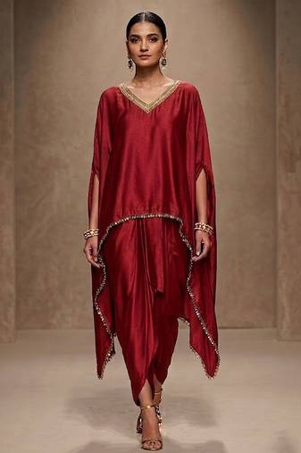 Red embroidered modal satin kaftan