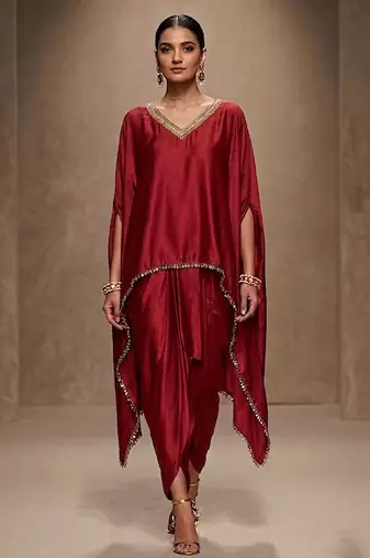 Red embroidered modal satin kaftan