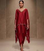 Red embroidered modal satin kaftan
