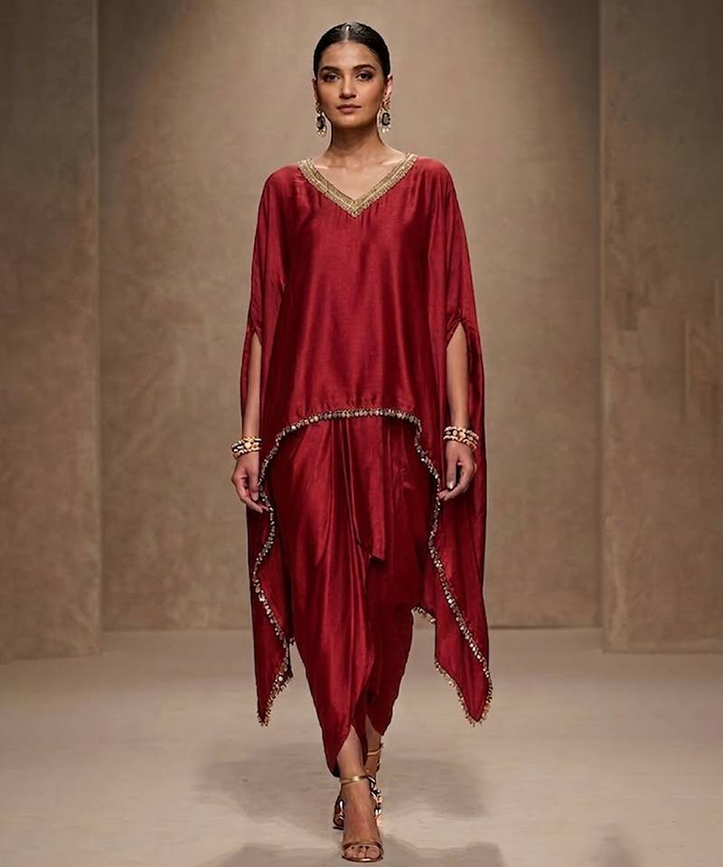 Red embroidered modal satin kaftan