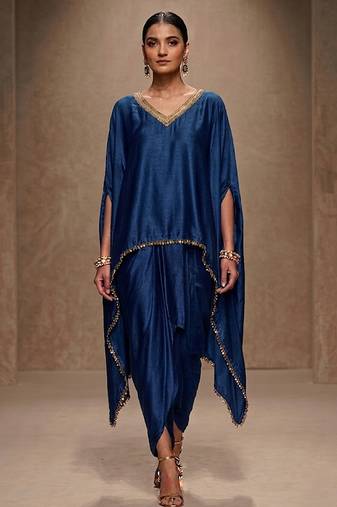 Blue embroidered modal satin kaftan