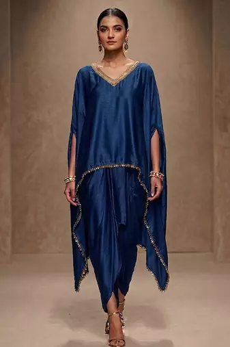 Blue embroidered modal satin kaftan