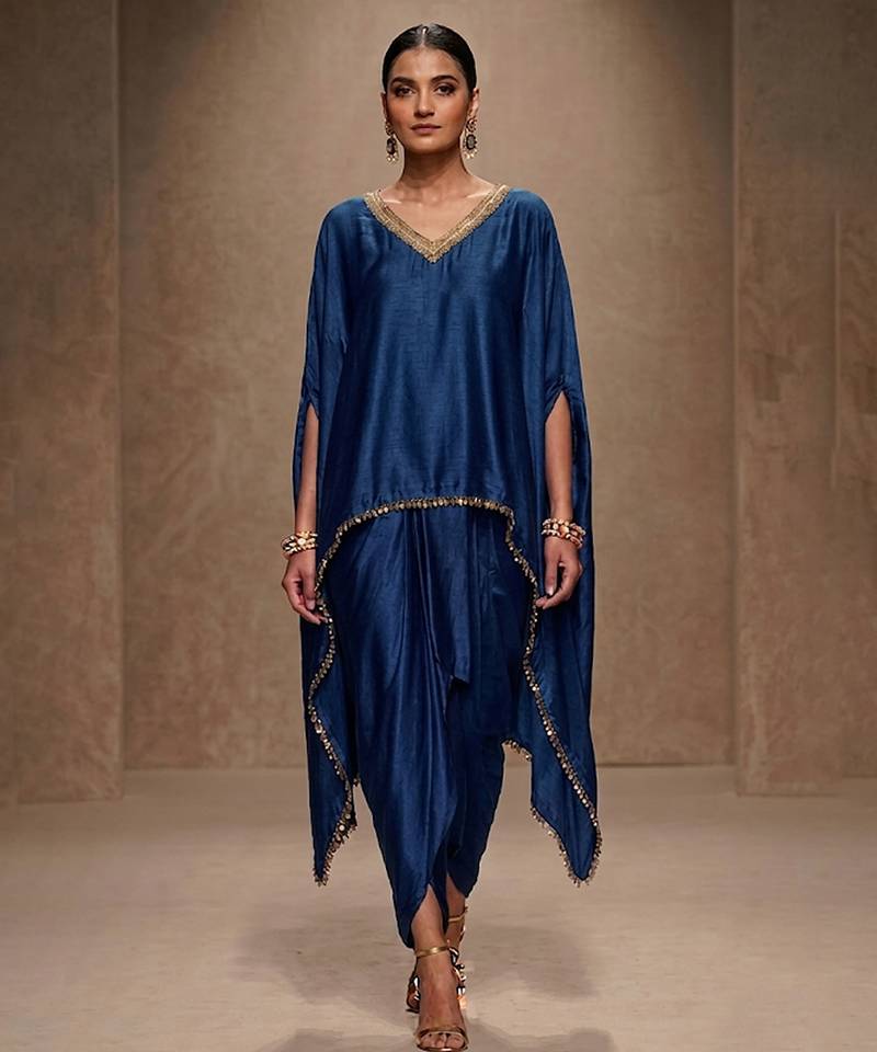 Blue embroidered modal satin kaftan