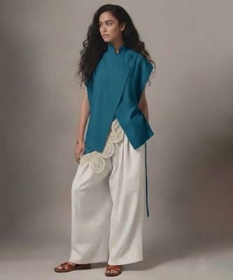 Teal blue embroidered raw silk co ord set 1