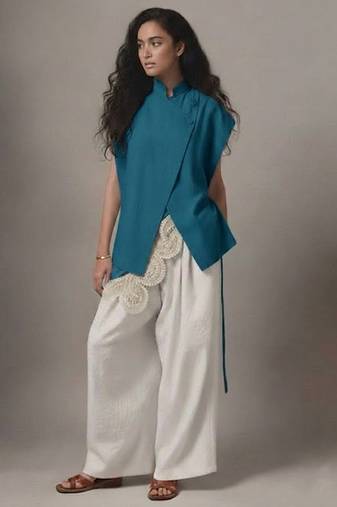 Teal blue embroidered raw silk co ord set