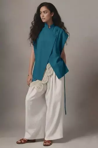 Teal blue embroidered raw silk co ord set