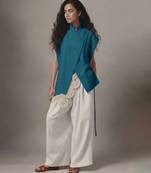 Teal blue embroidered raw silk co ord set