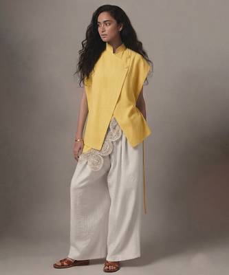 Butter yellow embroidered raw silk co ord set 1