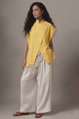Butter yellow embroidered raw silk co ord set