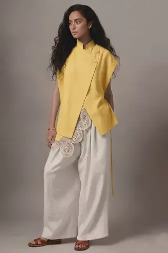 Butter yellow embroidered raw silk co ord set