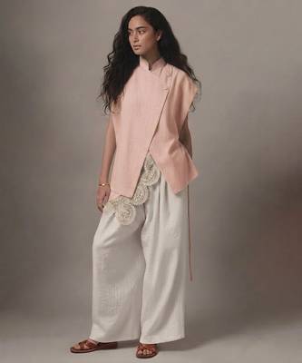 Powder pink embroidered raw silk co ord set 1