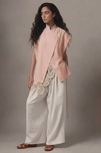 Powder pink embroidered raw silk co ord set