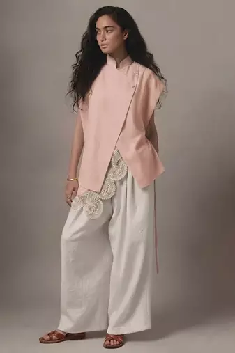 Powder pink embroidered raw silk co ord set