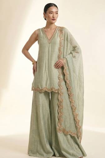 Pastel green embroidered silk sharara set