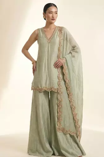 Pastel green embroidered silk sharara set