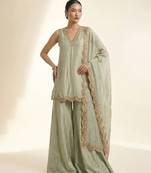 Pastel green embroidered silk sharara set