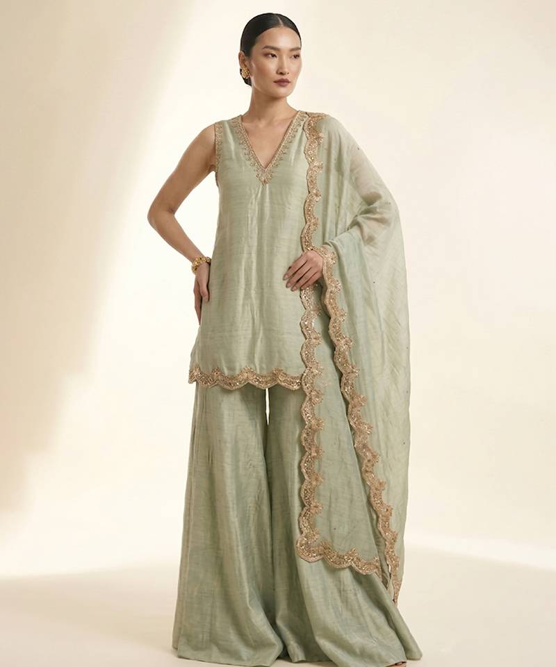 Pastel green embroidered silk sharara set