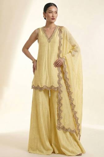 Butter yellow embroidered silk sharara set