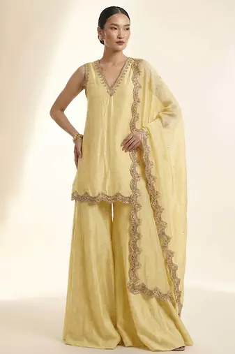 Butter yellow embroidered silk sharara set