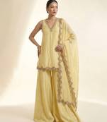 Butter yellow embroidered silk sharara set