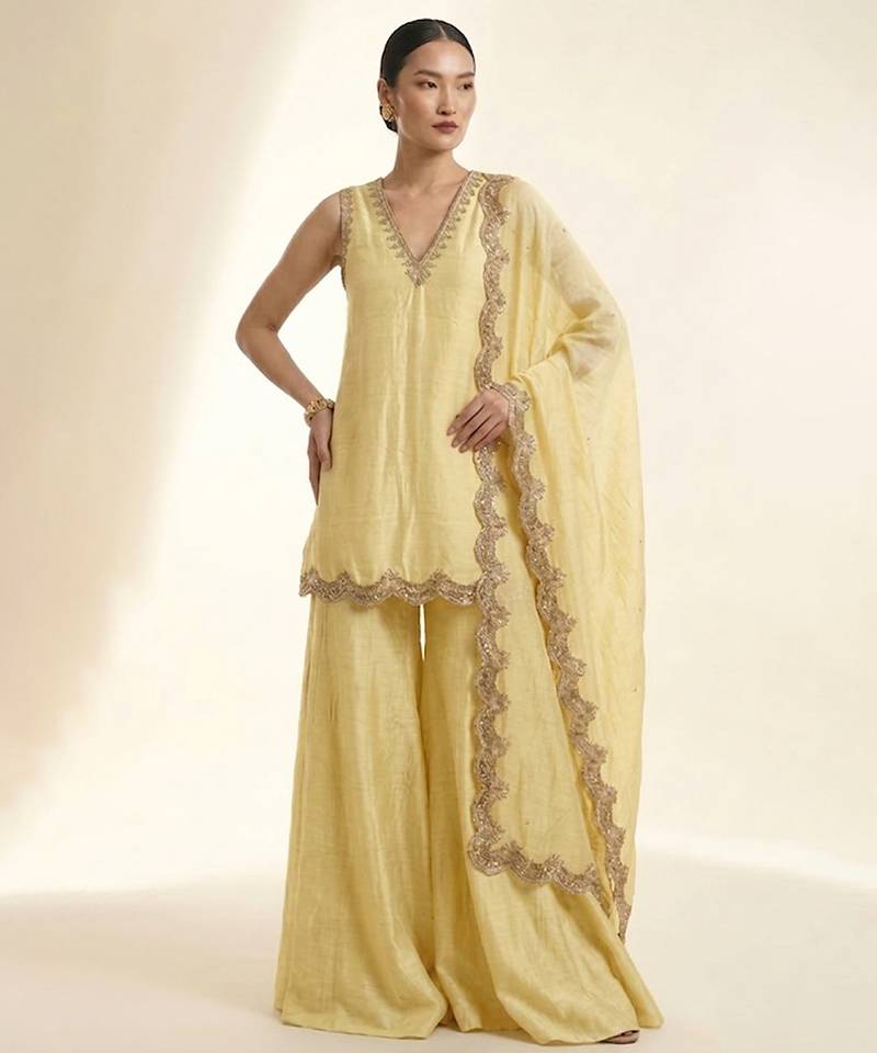 Butter yellow embroidered silk sharara set