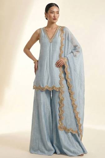 Pastel blue embroidered silk sharara set