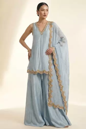 Pastel blue embroidered silk sharara set
