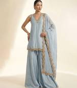 Pastel blue embroidered silk sharara set