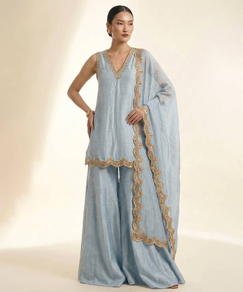 Pastel blue embroidered silk sharara set
