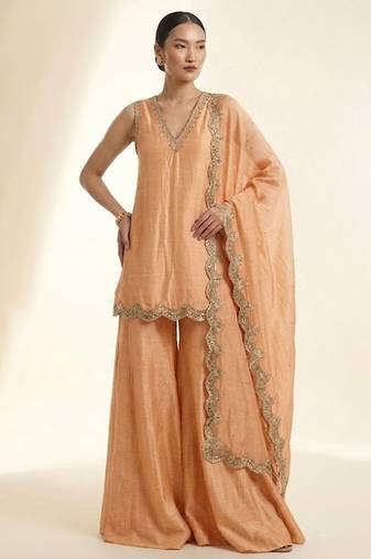 Pastel orange embroidered silk sharara set