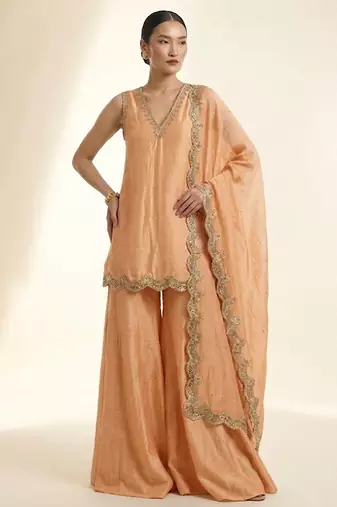 Pastel orange embroidered silk sharara set