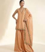 Pastel orange embroidered silk sharara set